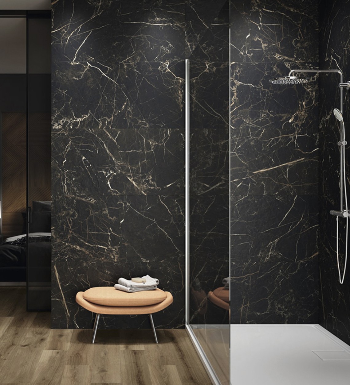 Black marble large-format shower tile installation in Orléans, Ottawa by Orleans Flooring Co.